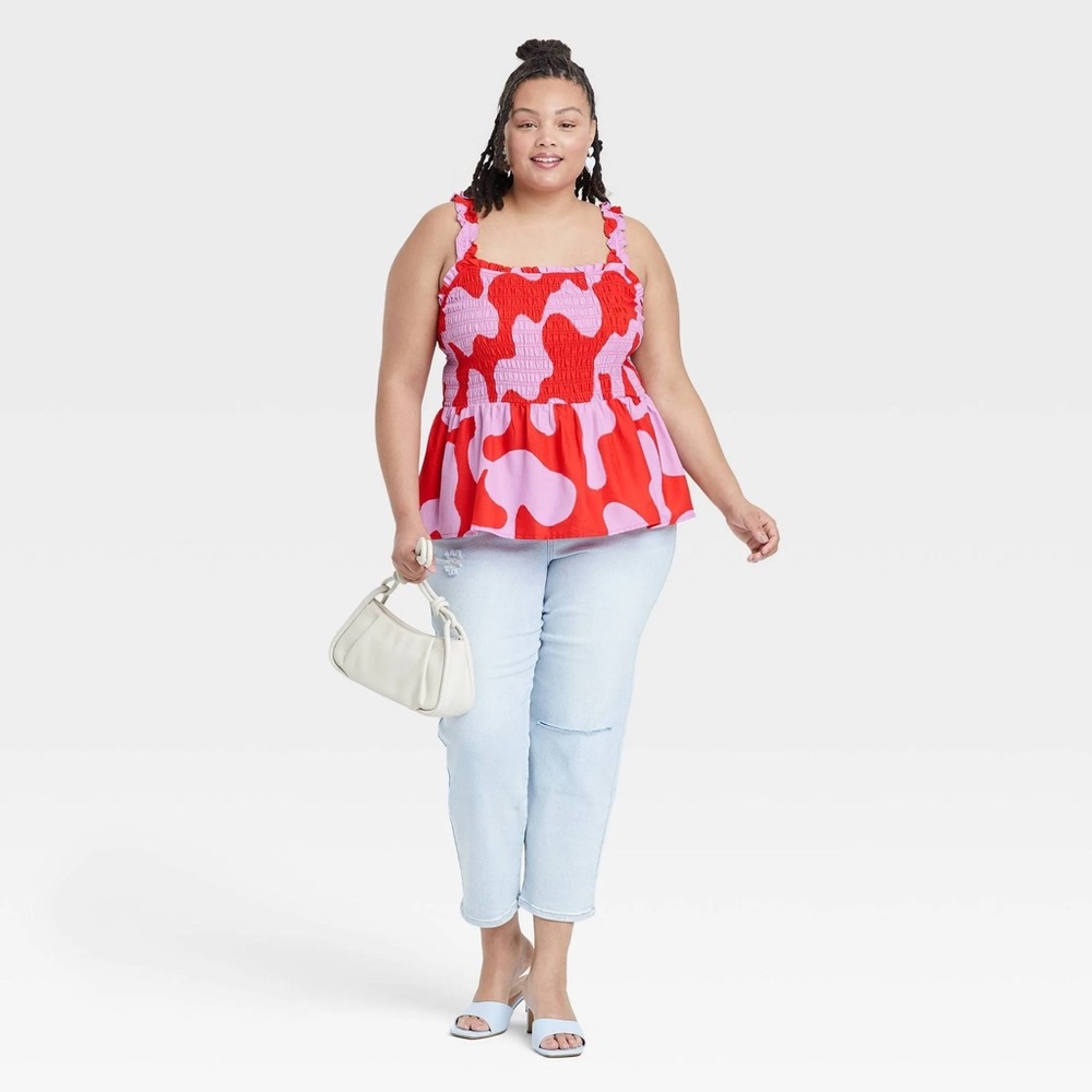 Ava & Viv Women's Plus Size Smocked Peplum Tank Top - Red Abstract‎